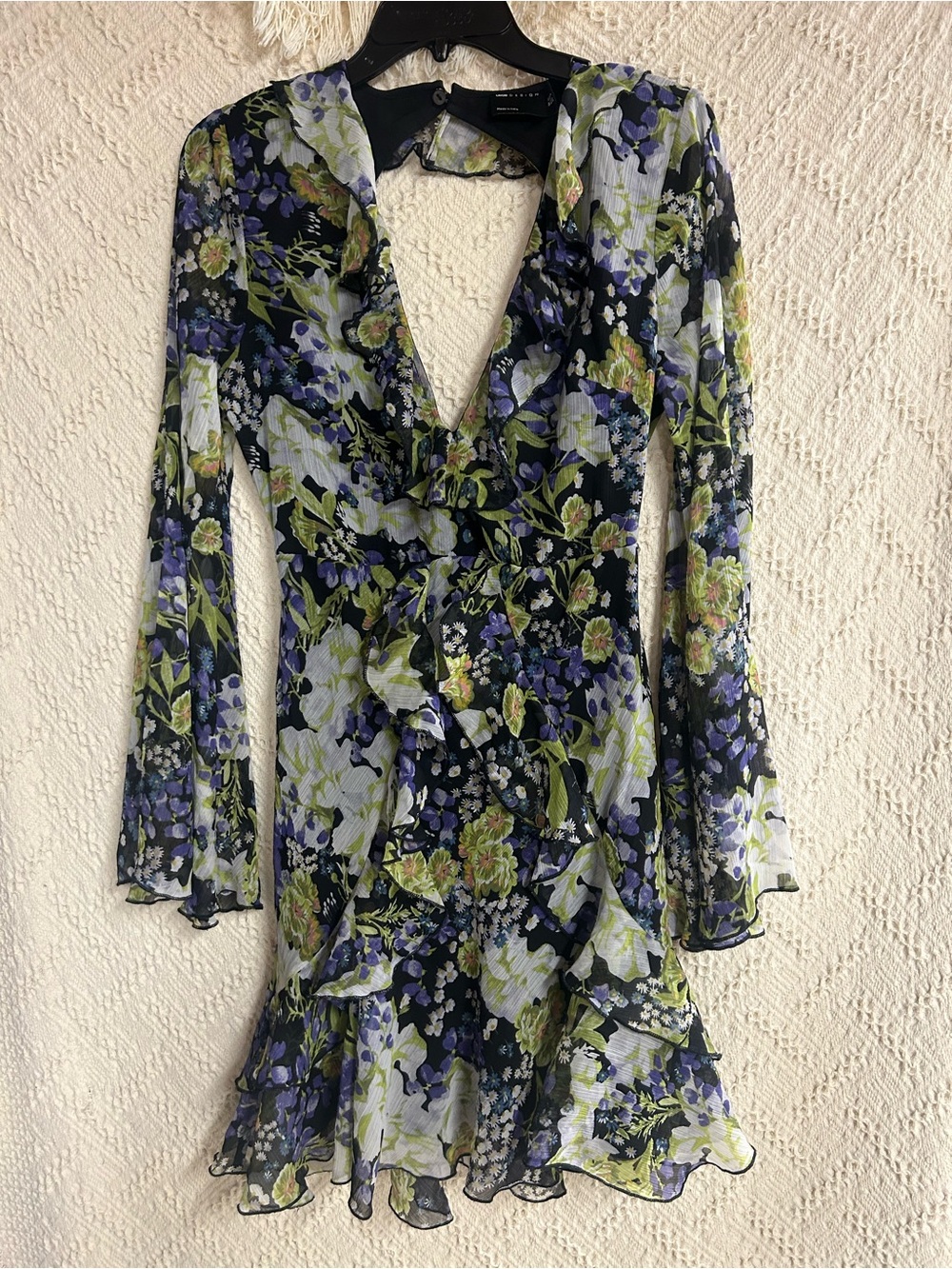 ASOS Black Navy & Green Floral Ruffle V-Neck Long Sleeve Dress